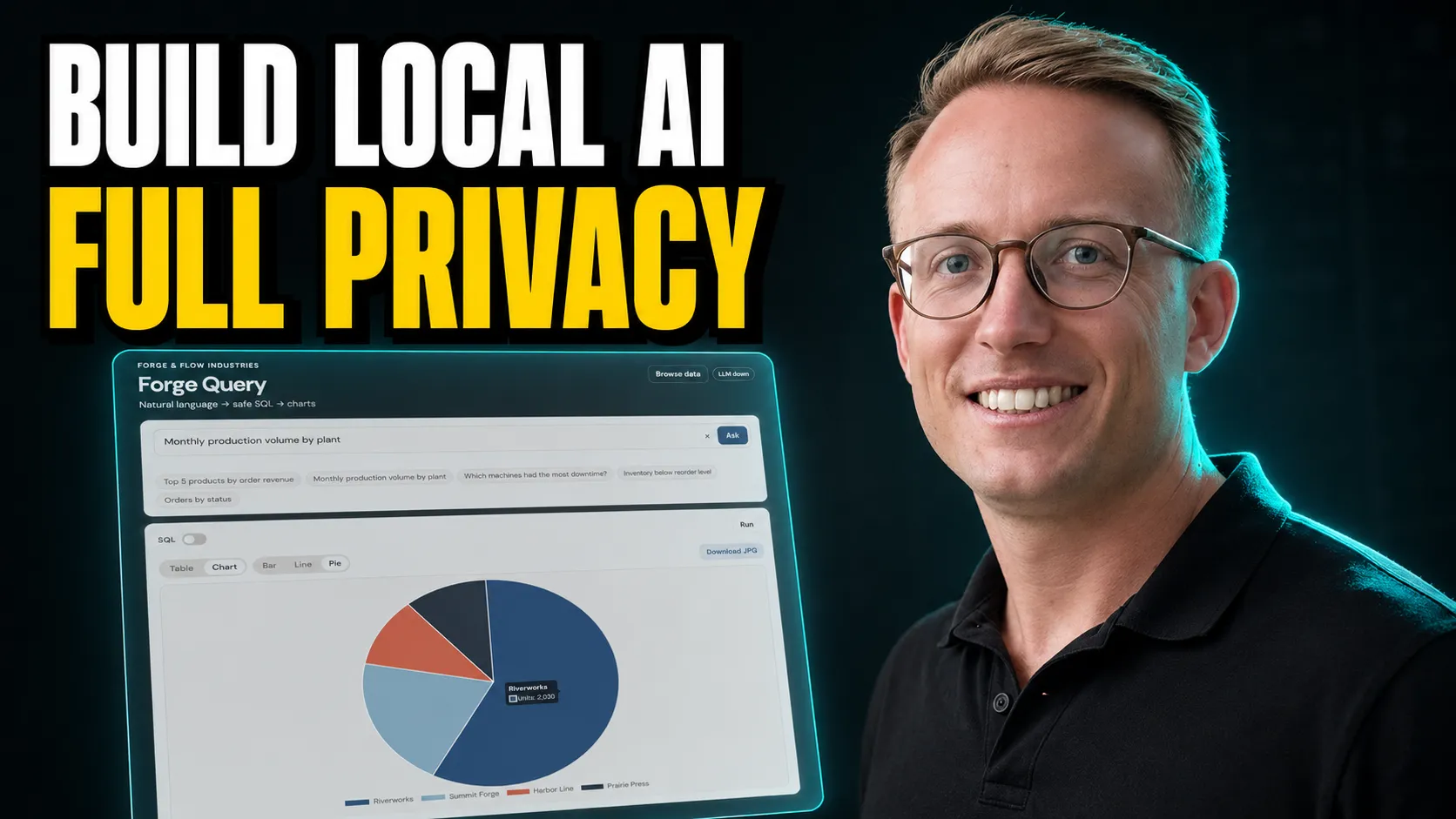 Heading build local ai full privacy, display with pie chart below it, young man to the right with a confident smile
